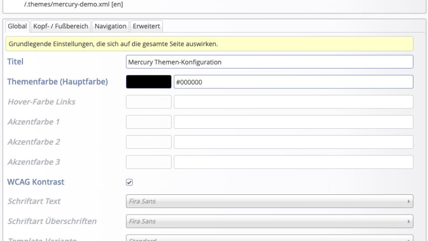 Ansicht einer Mercury Themen-Konfiguration im Formulareditor